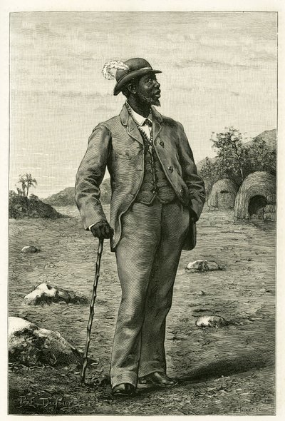 Porträtt av kung Sepopo av Zambeze (nuvarande Sydafrika), klädd i europeisk stil, gravyr av P. Dufour, för att illustrera berättelsen "Au pays des Marutses", 1875-1879, av Dr. Emile Holub (1847- 1902). Publicerad i Tour du monde, termin 1 av Unknown artist