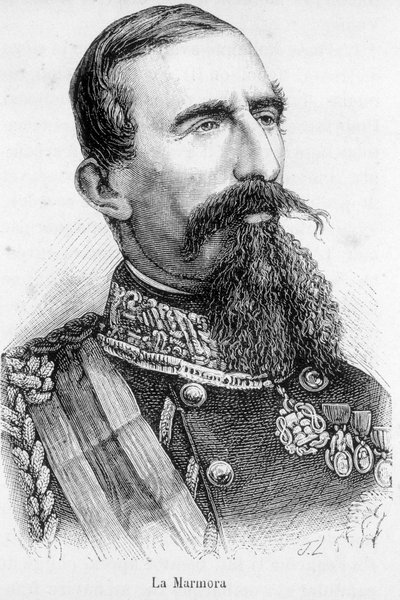 Porträtt av La Alfonso Ferrero, riddare La Marmora, ordförande för det italienska kungariket (1864-1866). av Unknown artist
