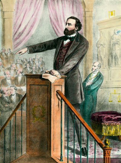 Porträtt av Leon Gambetta (1838 - 1882) i galleriet. Gravyr av 1800-talet. Coll. Gå. av Unknown artist