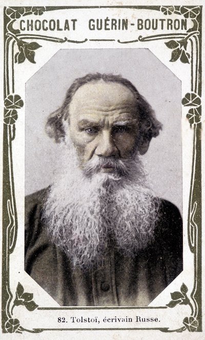 Porträtt av Lev Nikolajevitj, greve Tolstoj (Leo Tolstoj), rysk författare (1828-1910). Vignette des chocolates Guérin - Boutron av Unknown artist