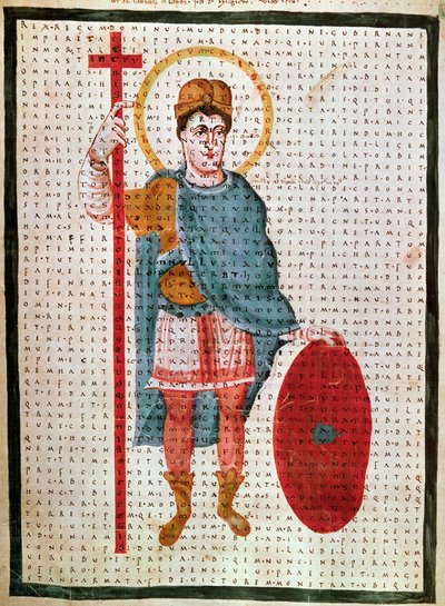 Porträtt av Ludvig I den fromme eller Debonnaire" (778-840), kung av Frankrike"" miniatyr i "The Lauds of the Holy Cross" (eller Code of Vienna) av Rabanus Maurus Magnentius (eller Raban Maur eller Rabano Mauro) ( ca 780-856), 830 runt Wien, Osterreichisch av Unknown artist