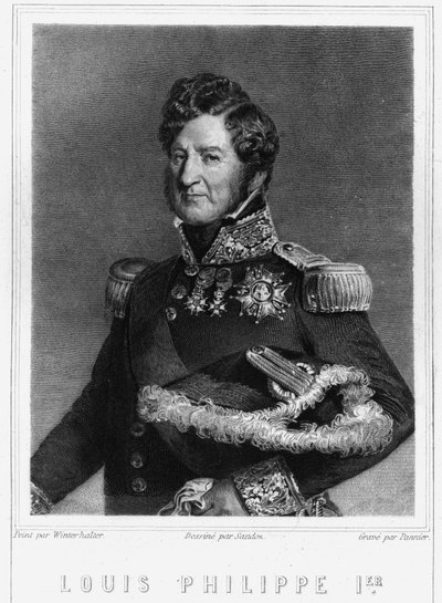Porträtt av Louis Philippe I (1773 - 1850), kung av Frankrike - i "Histoire des Français"" av Lavallée, gravyr, sd. av Unknown artist
