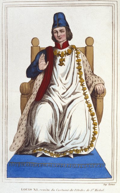 Porträtt av Ludvig XI i kostym av Sankt Michels orden (1423 - 1483). gravyr från 1830 av Unknown artist