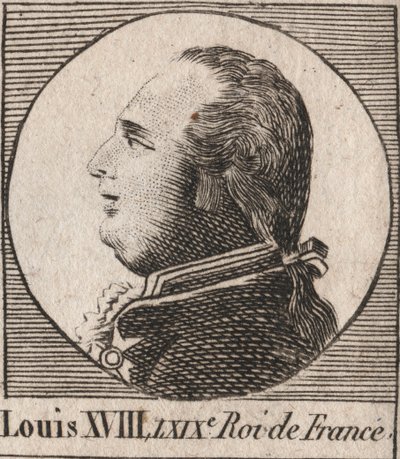 Porträtt av Ludvig XVIII (1755-1824), med smeknamnet Desire, kung av Frankrike och Navarra från 1814 till 1815 och från 1815 till 1824 - Ludvig XVIII, känd som den önskade, kung av Frankrike - gravyr från "Instruction sur l
