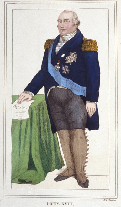 Porträtt av Ludvig XVIII (1755 - 1824), kung av Frankrike, gravyr från 1830. av Unknown artist