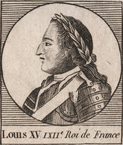 Porträtt av Ludvig XV (1710-1774) dit le Bien Aime, kung av Frankrike 1715 till 1774 - Ludvig XV, känd som Ludvig den älskade, kung av Frankrike - gravyr från "Instruction sur l