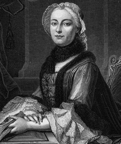 Porträtt av Madame Geoffrin, född Marie Therese (Marie-Therese) Rodet (1699-1777) - Gravyr från 1862 i "" Världens drottningar"" av våra första författare, bok utgiven under ledning av Jean Germain Desire Armandaud av Unknown artist