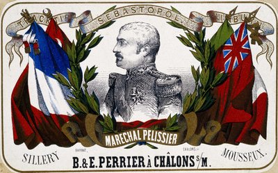 Porträtt av Maréchal Pelissier på en champagneetikett ""B. & E. Perrier à Chalôns sur Marne"", sd. 1800-talet. av Unknown artist