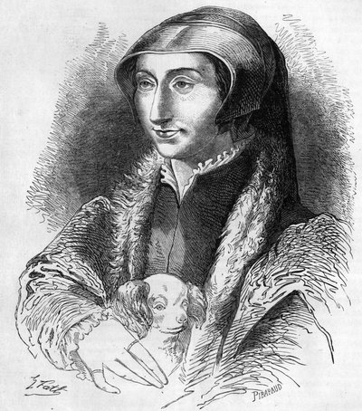 Porträtt av Margareta av Navarra (Marguerite av Valois, Marguerite av Angouleme eller Marguerite av Frankrike (1492-1549) Drottning av Navarra och poetess, syster till Francois 1:a (1553-1615). Gravyr från 1800-talet. av Unknown artist
