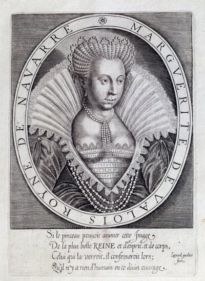 Porträtt av Marguerite de Valois (1553 - 1615) känd som drottning Margot. Gravyr av 1500-talet. Pau, Musée du Chateau av Unknown artist
