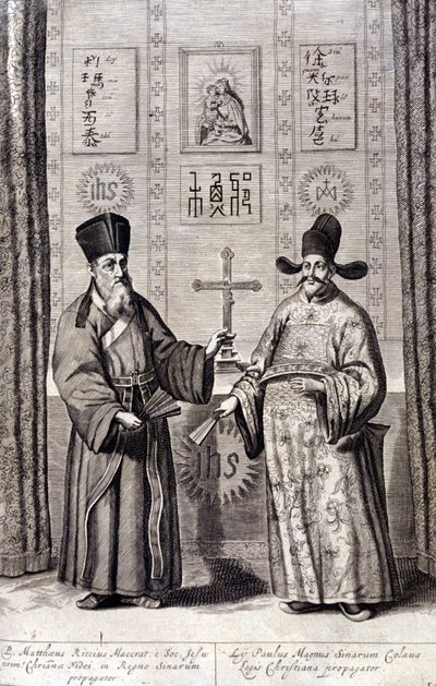 Porträtt av Matteo Ricci (till vänster), italiensk jesuit och Paul Ly, stor propagator för kristen tro i Kina, gravyr av "De China monumenta" av Athanasius Kircher (1601 - 1680), jesuit, orientalist och tysk lärd, Amsterdam 1667. av Unknown artist