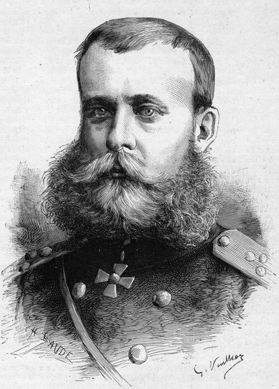 Porträtt av Mikhail Dmitrievich Skobeleff (General Skobeleff eller Skobelev) (1843-1882), rysk militär. Gravyr i "" Le Monde Illustré"" nr 1301 den 4 mars av Unknown artist