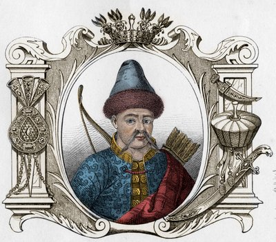 Porträtt av den mongoliska monarken Timur (Tamerlane) (1336-1405) - Tamerlan (1336-1405) (eller Timur Lang, "" Timur den lame"") Gravyr från 1861 av Unknown artist