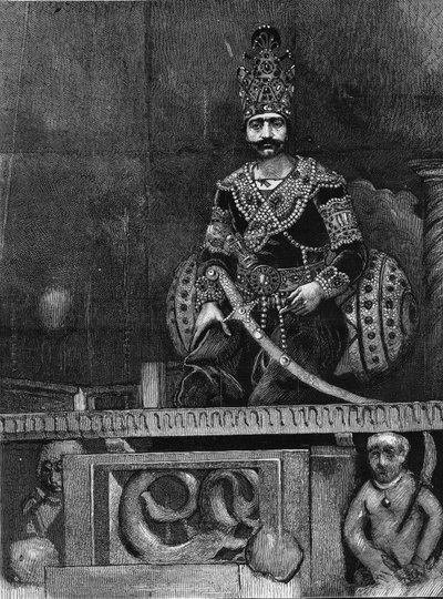 Porträtt av Nasir Al-Din (Nasser al Din) (1831-1896) Shah av Persien på sin tron. av Unknown artist