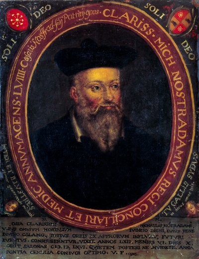 Porträtt av Nostradamus, Michel de Notre Dame (1503 - 1566) fransk astrolog och läkare. Koppargravyr av Unknown artist