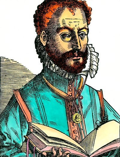 Porträtt av Orlandus Lassus (1531-1594) musiker från den fransk-belgiska skolan med en öppen bok (vita sidor). Gravyr av 1500-talet. Coll. Kom igen. av Unknown artist