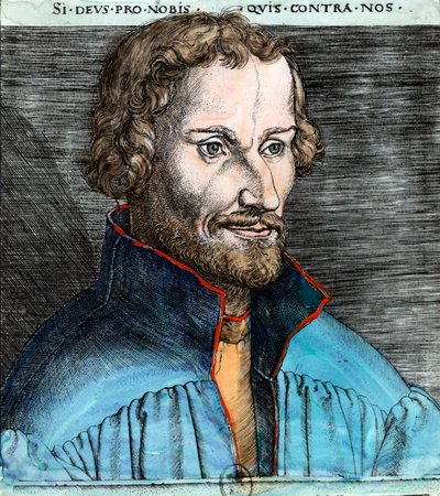Porträtt av Philippe Schwarzerd dit Melanchton (1497 - 1560), tysk protestantisk reformator (luthersk). Gravyr av 1500-talet. Privat samling. av Unknown artist