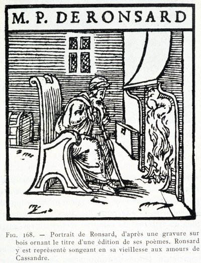 Porträtt av Pierre de Ronsards gamla tänkande av Cassandres amours - trästick av Unknown artist