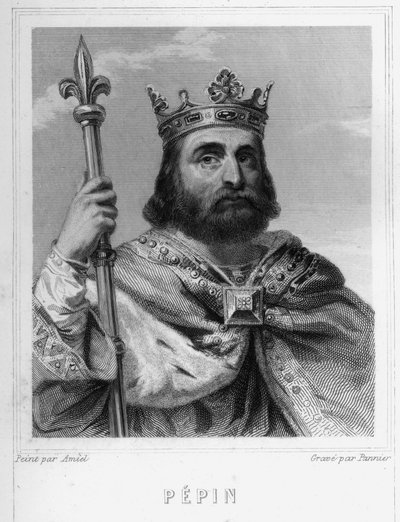 Porträtt av Pépin le Brief (v. 714 - 768), frankernas kung, förste av karolingerna - i "Histoire des Français" av Lavallée, gravyr, sd. av Unknown artist