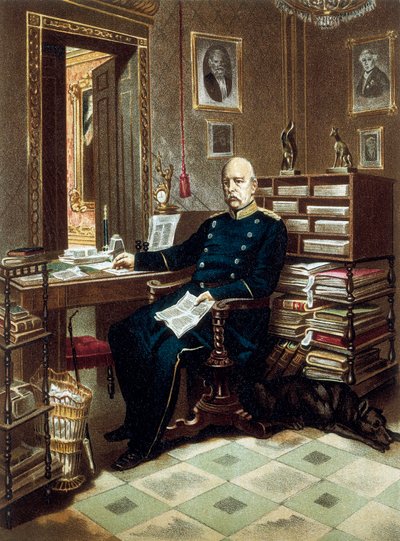 Porträtt av prins Otto von Bismarck (1815-1898), förbundskansler och preussisk politiker, på hans kontor. Litografi i färg av Unknown artist