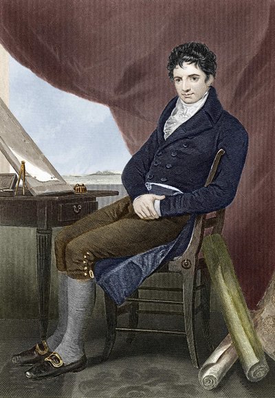 Porträtt av Robert Fulton (1765 - 1815), amerikansk skeppsbyggnadsmekaniker (Nautilus). Gravyr av 1800-talet. av Unknown artist