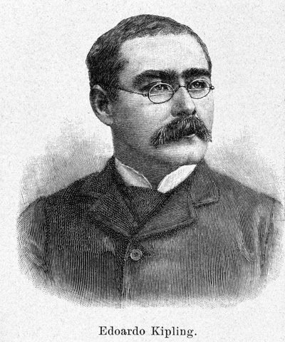 Porträtt av Rudyard Kipling (1865-1936), brittisk romanförfattare och poet, gravyr från 1800-talet. av Unknown artist