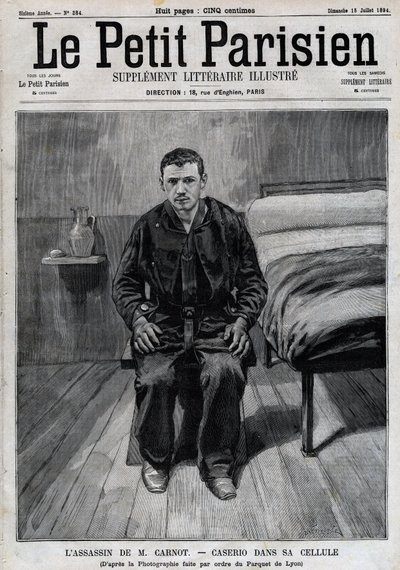 Porträtt av Sante Caserio (1873-1894) italiensk anarkist, mördare av Sadi Carnot, i fängelse. Gravyr i "" Le Parisien"" av Unknown artist