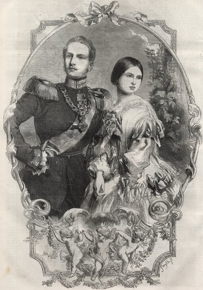 Porträtt av deras kungliga högheter prinsessan Victoria (1840-1901) (drottning Victoria) och kronprins Fredrik William av Preussen (1831-1888). Gravyr från 1858. av Unknown artist
