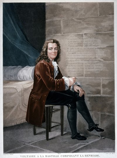 Porträtt av Voltaire vid Bastiljen som utgör Henriaden. Gravyr av 1800-talet. Musee Carnavalet. av Unknown artist