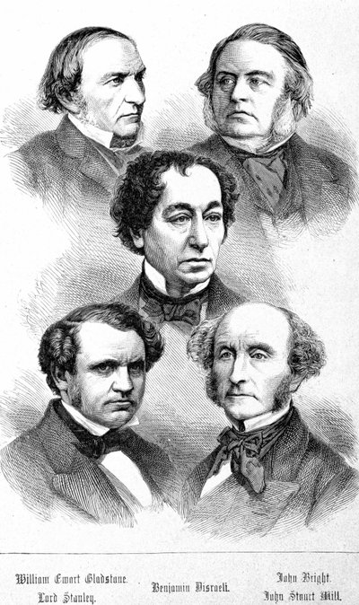 Porträtt av William Ewart Gladstone, John Bright, Lord Stanley, John Stuart Mill och Benjamin Disraeli - i "" The Contemporains", n.d. sent 1800-tal. av Unknown artist