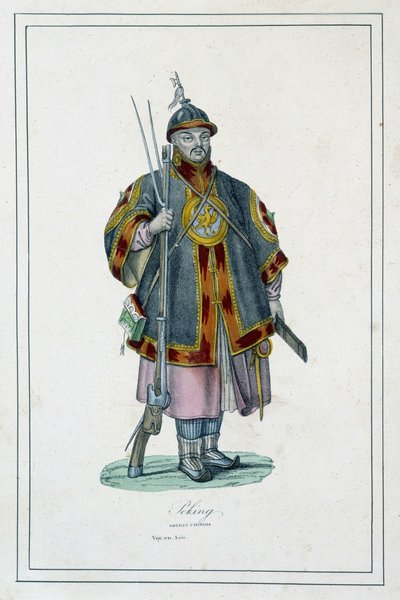 Porträtt av en kinesisk soldat i rustning - i "" Jordens olika folk"" av Abbé Jouhanneaud, Librairie des bons livres av Unknown artist