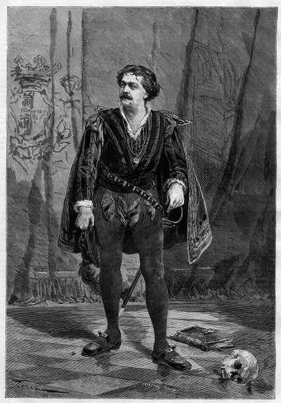 Porträtt av skådespelaren Ernesto Rossi i rollen som Hamlet av William Shakespeare på teatern Ventadour i Paris 1875. av Unknown artist