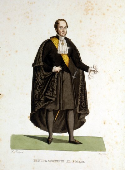 Porträtt av en assisterande prins av den heliga stolen som tjänstgjorde under ceremonier och besök. Gravyr av 1800-talet. av Unknown artist