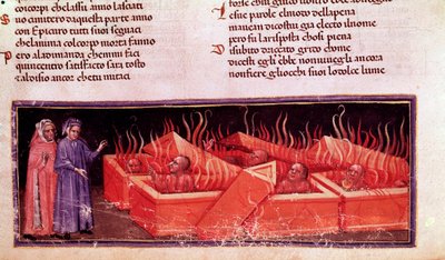 Porträtt av den italienska poeten Dante Alighieri bland Virgil-kättare (låt X of Hell, i den gudomliga komedin) - Miniatyr av Unknown artist