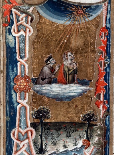 Porträtt av den italienska poeten Dante Alighieri med Beatrice, i den gudomliga komedin - miniatyr av Unknown artist