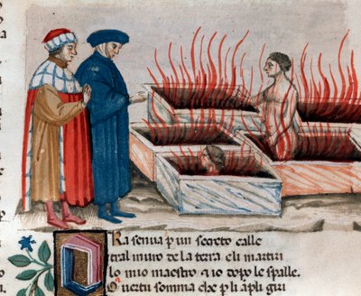 Porträtt av den italienska poeten Dante Alighieri med Vergilius bland kättare som Farinata degli Uberti (sång 10 från helvetet, i den gudomliga komedin) - miniatyr 1400-talet av Unknown artist