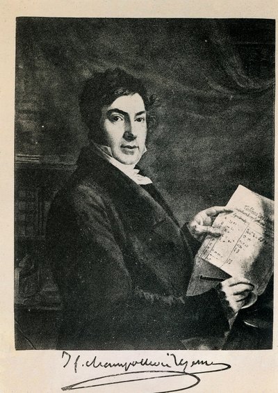 Porträtt av den franske egyptologen Jean Francois (Jean-Francois) Champollion (1790-1832). Gravyr av 1800-talet av Unknown artist