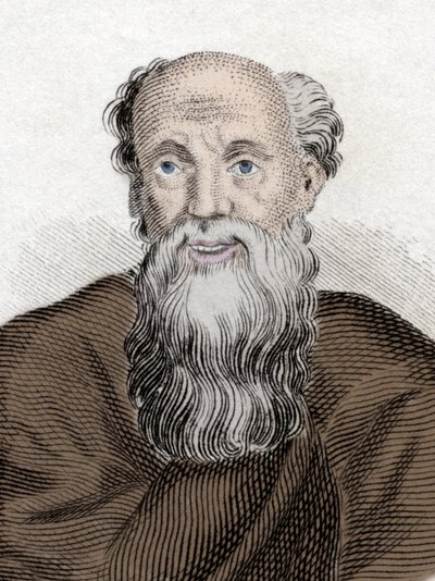 Porträtt av den grekiske filosofen Democrito (Democritus) (460-370 Av JC), Democritus av Abdera. Gravyr av 1800-talet. av Unknown artist