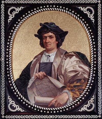 Porträtt av den italienske navigatören Christopher Columbus (Christopher Columbus, Cristoforo Colombo, Cristobal Colon) (1451-1506) Mosaique av Unknown artist