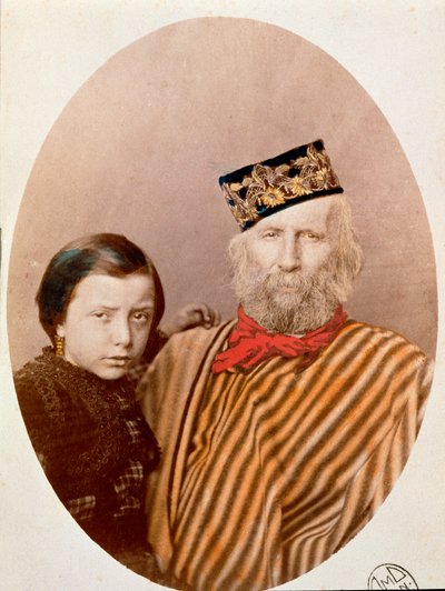 Porträtt av den italienska patrioten och hjältarna i Risorgimento Giuseppe Garibaldi (1807-1882) med sin dotter Clelia (1867-1959), dotter till hans tredje fru Francesca Armosino av Unknown artist