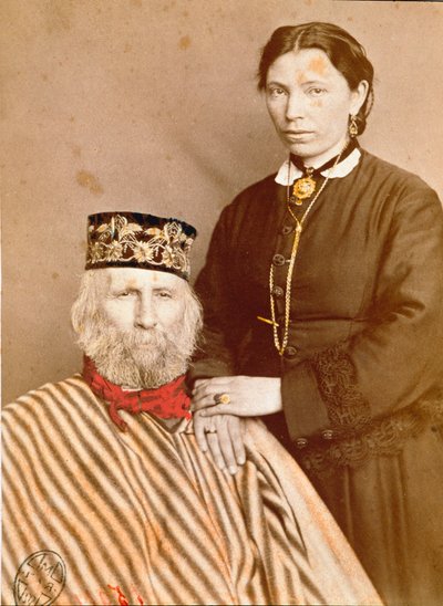 Porträtt av den italienska patrioten och hjältarna av Risorgimento Giuseppe Garibaldi (1807-1882) med sin tredje fru Francesca Armosino av Unknown artist