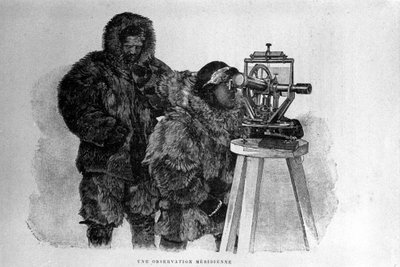 Porträtt av den norske upptäcktsresanden Fridtjof Nansen (1861-1930), vetenskapsman och diplomat, med en av hans medarbetare i användningen av teodolit. av Unknown artist