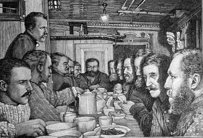 Porträtt av den norske upptäcktsresanden Fridtjof Nansen (1861-1930), vetenskapsman och diplomat, som tillkännager sin plan att närma sig nordpolen för besättningen på fartyget Fram omkring 1897. Gravyr av Unknown artist