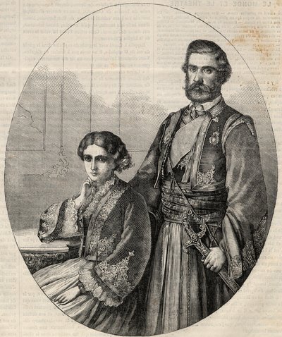 Porträtt av prinsen av Serbien Michael III (1823-1868) och prinsessan Julie (1831-1919). Gravyr i "" L