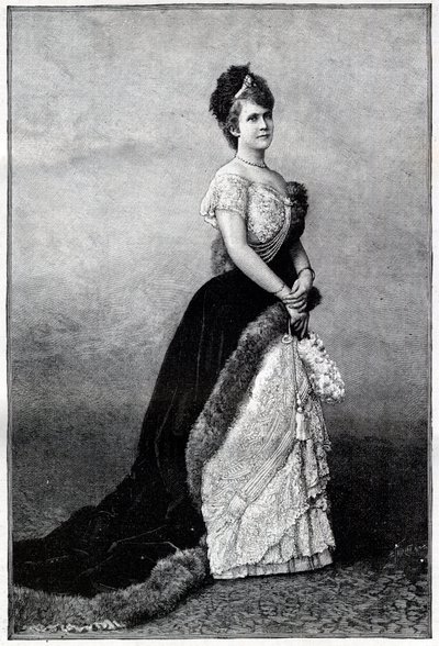 Porträtt av drottningen av Rumänien Elisabeth Pauline Ottilie Louise de Wied, känd som Carmen Sylva (1843-1916), hustru till kung Charles I - Gravyr 1893 - Elizabeth av Wied av Rumänien, sent 1800-tidigt 1900-tal - Porträtt av Elizabeth ( 1843-1916), drott av Unknown artist