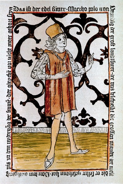 Porträtt av den venetianske upptäcktsresanden Marco Polo (1254-1324) Frontispice av den första upplagan av "" Il Milione: The Book of Merveillles"" (""Devisement du monde") Nürnberg av Unknown artist