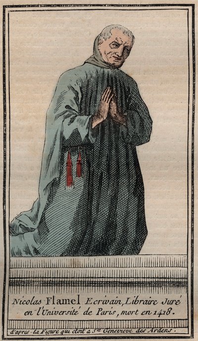 Porträtt av den franske alkemisten Nicolas Flamel (1330-1418) - Gravyr - Porträtt av den engelske alkemisten Nicolas Flamel - Gravyr Privat samling av Unknown artist