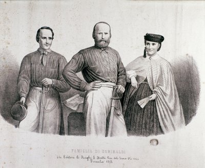 Porträtt av patrioten och hjältarna i Risorgimento Giuseppe Garibaldi (1807-1882) mellan Teresita, hans dotter och hans fru Stefano Canzio. Litografi av 1862 Privat samling av Unknown artist