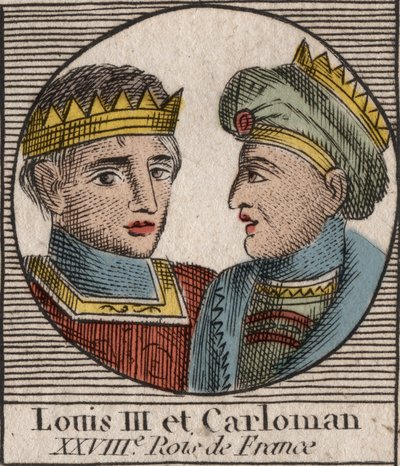 Porträtt av Ludvig III (863/65-882) francens kung mellan 879 och 882 och Carloman II (866-884), frankernas kung från 879 till 884 - Ludvig II, kung av Västfrankien och Carloman II, kung av västra Frankrike Francia - gravyr från "Instruction sur l