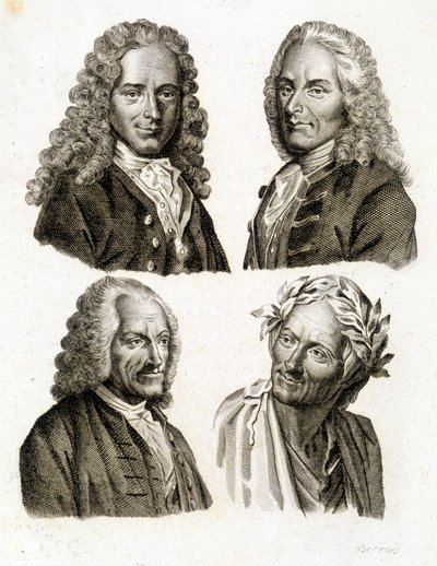 Porträtt av Voltaire i olika åldrar - gravyr av Unknown artist